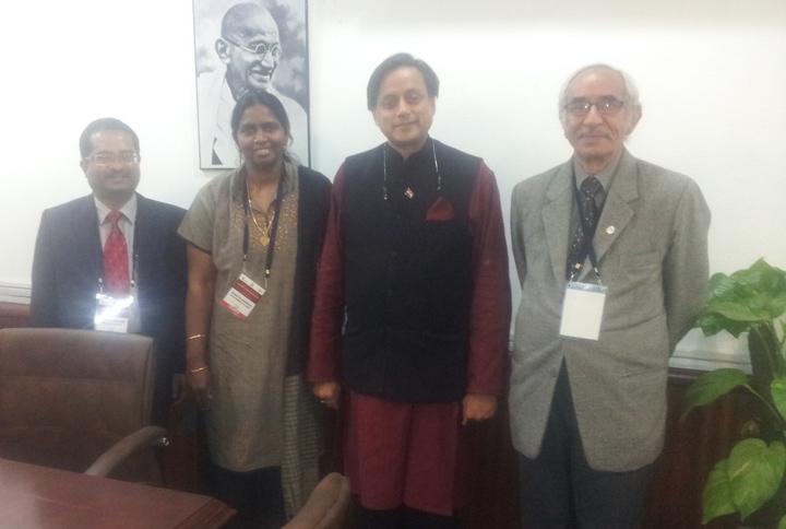 Prof. Shanthi Johnson, President, Prof. Biju Paul Abraham, Vice-President/ President-elect and Prof. Braj Sinha, Past President with the Hon&#039;ble Minister of State for Human Resource Development, Dr. Shashi Tharoor  on Nov 13, 2013.