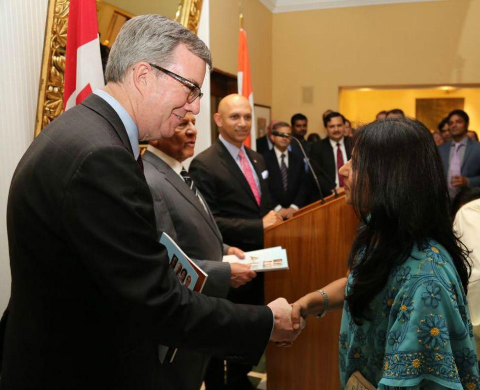 Dr. Prachi Kaul , Director SICI ,  receiving the copy of “A list 2016 “from The Mayor of  Ottawa, Jim Watson and Mr.  Ajit Jain in the presence of His Excellency Nadir Patel, Canadian High Commissioner.